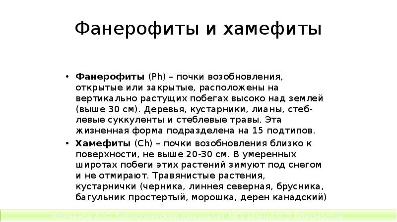 Фанерофиты и хамефиты
Фанерофиты (Ph) – почки возобновления, открытые или закрытые, расположены Фанерофиты и хамефиты
Фанерофиты (Ph) – почки возобновления, открытые или закрытые, расположены