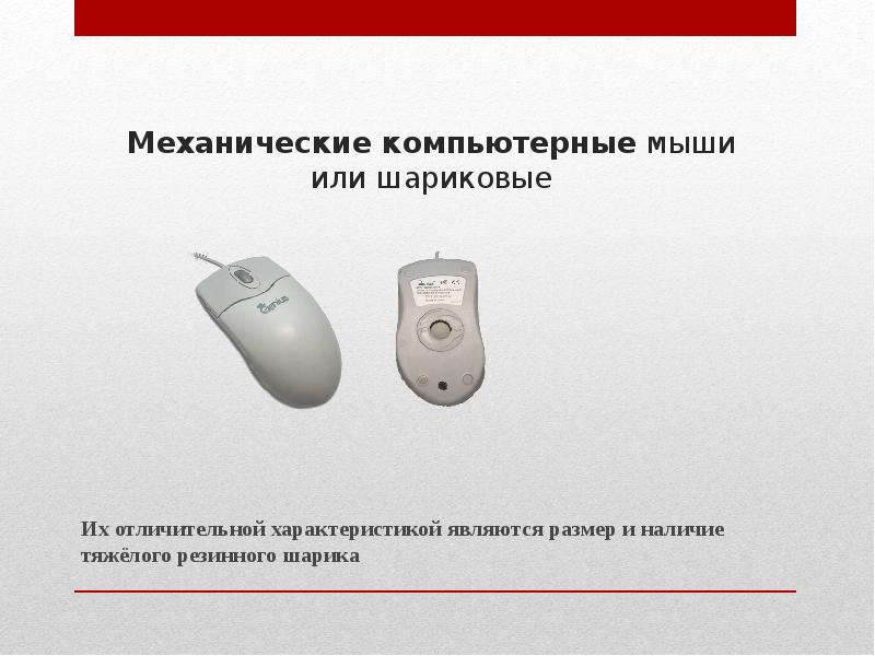 Механические компьютерные&nbsp;мыши или шариковые Их отличительной характеристикой являются размер и наличие