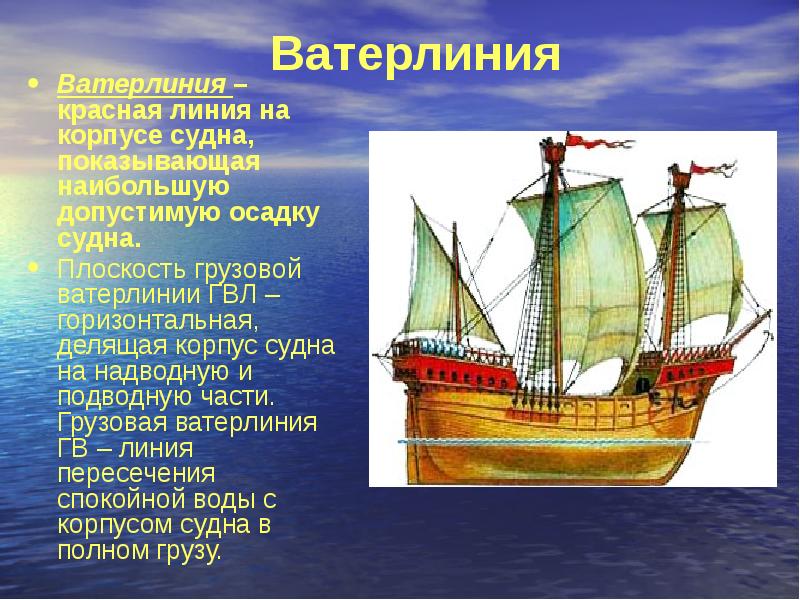 Ватерлиния
Ватерлиния – красная линия на корпусе судна, показывающая наибольшую допустимую Ватерлиния
Ватерлиния – красная линия на корпусе судна, показывающая наибольшую допустимую