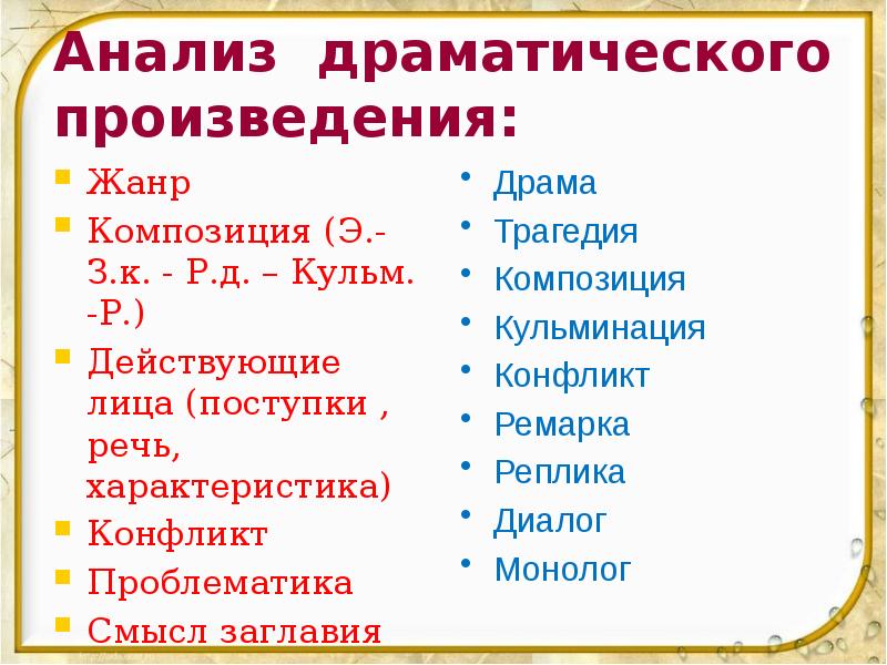 Анализ драматического произведения:  Жанр  Композиция (Э.- З.к. - Р.д.