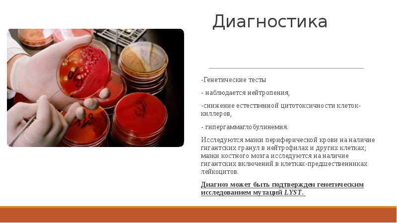 Диагностика
-Генетические тесты
- наблюдается нейтропения,
-снижение естественной цитотоксичности клеток-киллеров,
Диагностика
-Генетические тесты
- наблюдается нейтропения,
-снижение естественной цитотоксичности клеток-киллеров,