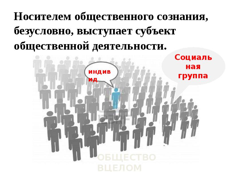 Носителем общественного сознания, безусловно, выступает субъект общественной деятельности. Носителем общественного сознания, безусловно, выступает субъект общественной деятельности.