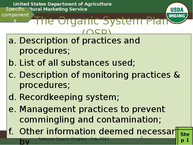 The Organic System Plan (OSP) Description of practices and procedures; List