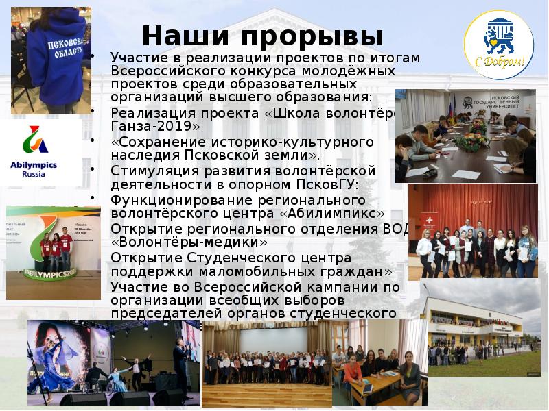 Наши прорывы
 Участие в реализации проектов по итогам Всероссийского конкурса молодёжных Наши прорывы
 Участие в реализации проектов по итогам Всероссийского конкурса молодёжных