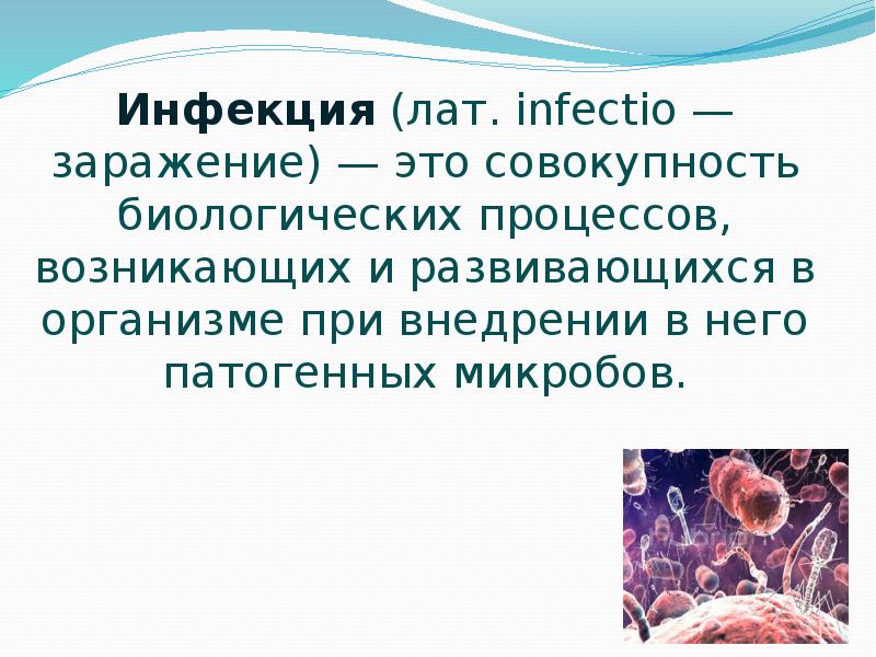 Инфекция (лат. infectio — заражение) — это совокупность биологических процессов, возникающих Инфекция (лат. infectio — заражение) — это совокупность биологических процессов, возникающих