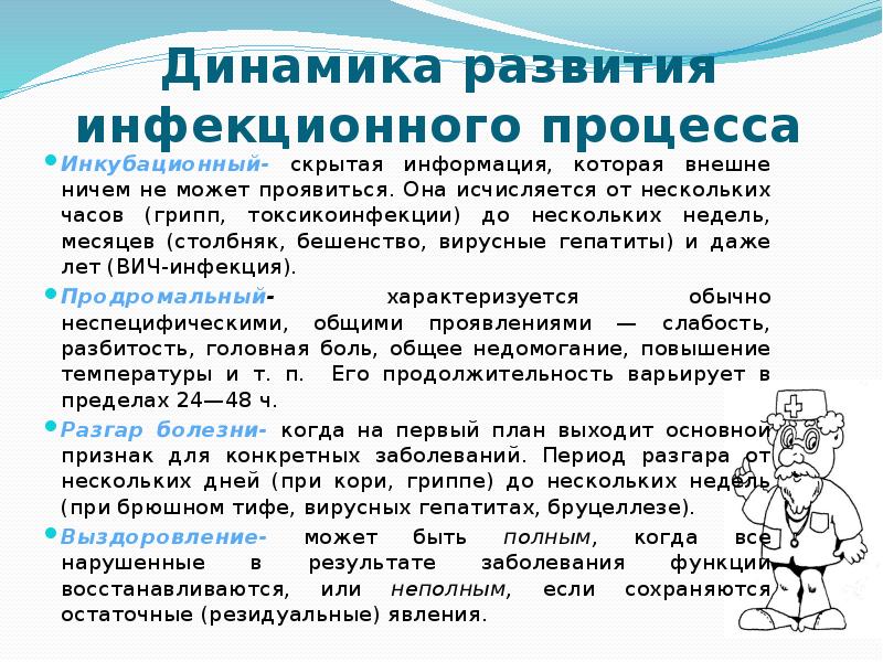 Динамика развития инфекционного процесса
Инкубационный- скрытая информация, которая внешне ничем не Динамика развития инфекционного процесса
Инкубационный- скрытая информация, которая внешне ничем не