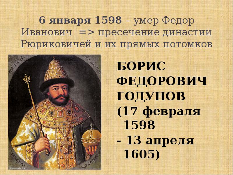 После царя федора. Годунов Борис Федорович 1598-1605. Смутное время Федор Иоаннович. Борис Годунов Рюрикович. Пресечение династии Рюриковичей.