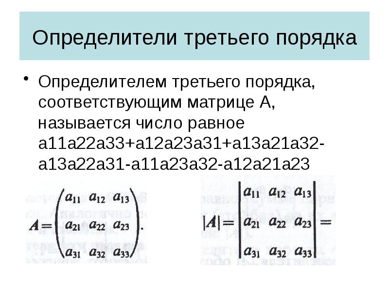 Определители третьего порядка
Определителем третьего порядка, соответствующим матрице А, называется число Определители третьего порядка
Определителем третьего порядка, соответствующим матрице А, называется число