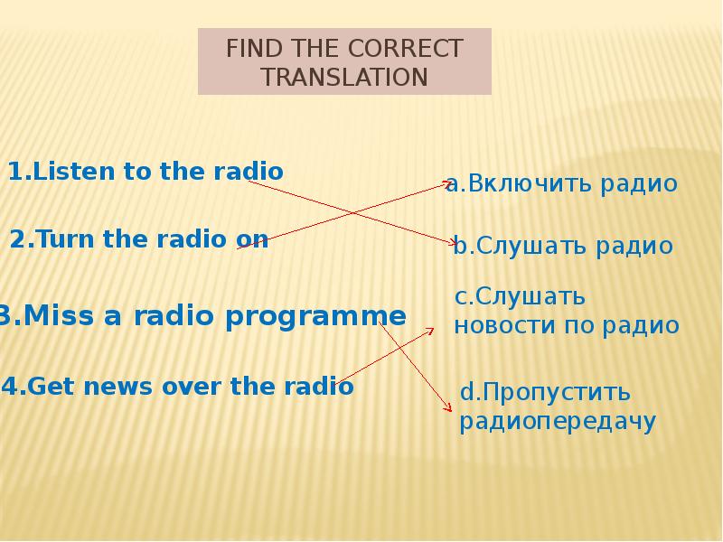 Listen to a Radio или the. Find перевод. Correct перевод. Translation is correct.