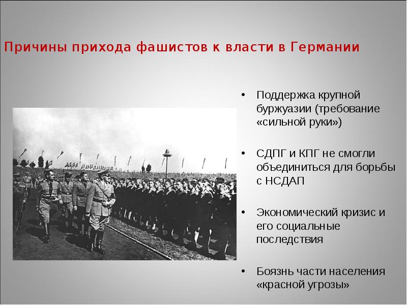 Причины прихода фашистов к власти в Германии
Поддержка крупной буржуазии (требование Причины прихода фашистов к власти в Германии
Поддержка крупной буржуазии (требование