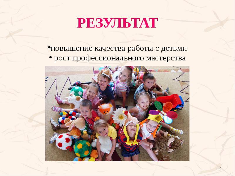 РЕЗУЛЬТАТ повышение качества работы с детьми  рост профессионального мастерства