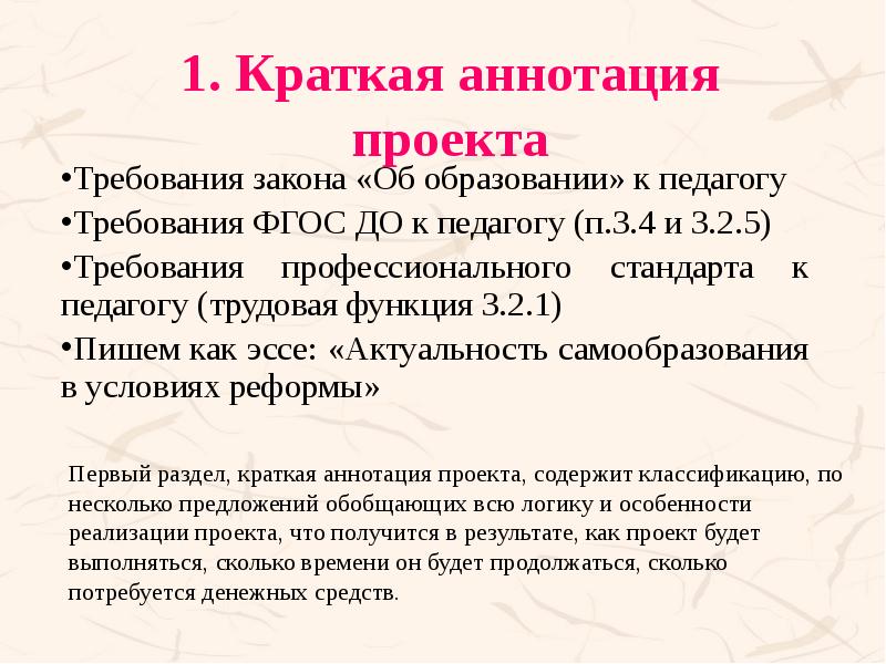 Первый раздел, краткая аннотация проекта, содержит классификацию, по несколько предложений обобщающих