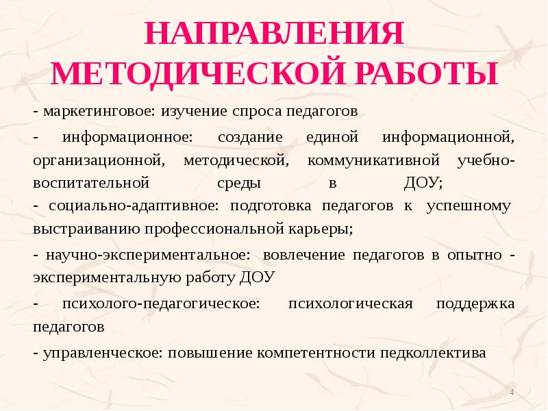 НАПРАВЛЕНИЯ МЕТОДИЧЕСКОЙ РАБОТЫ - маркетинговое: изучение спроса педагогов  - информационное: