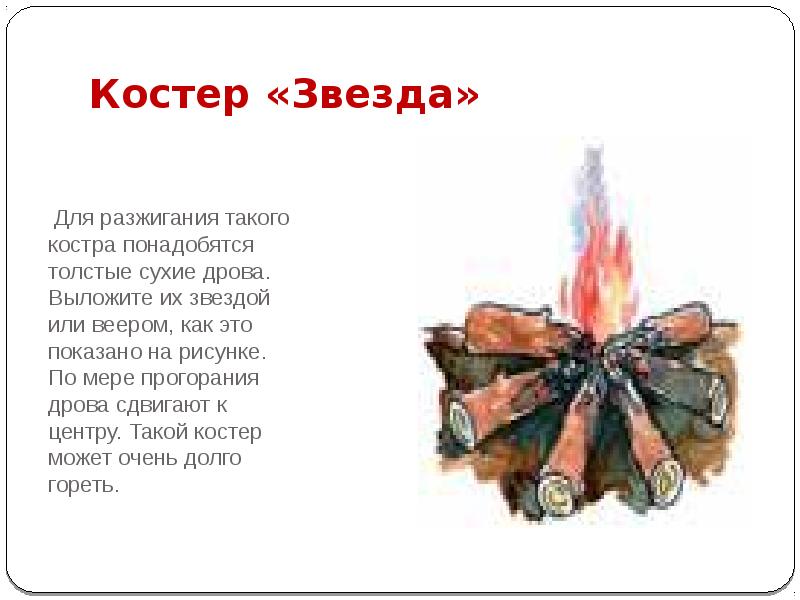 Костер «Звезда»
Для разжигания такого костра понадобятся толстые сухие дрова. Костер «Звезда»
Для разжигания такого костра понадобятся толстые сухие дрова.