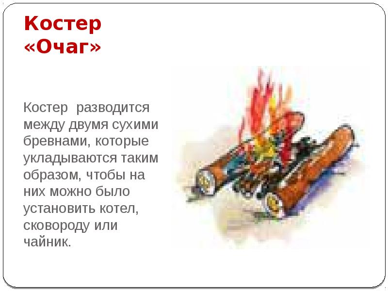 Костер «Очаг»
Костер разводится между двумя сухими бревнами, которые укладываются таким Костер «Очаг»
Костер разводится между двумя сухими бревнами, которые укладываются таким