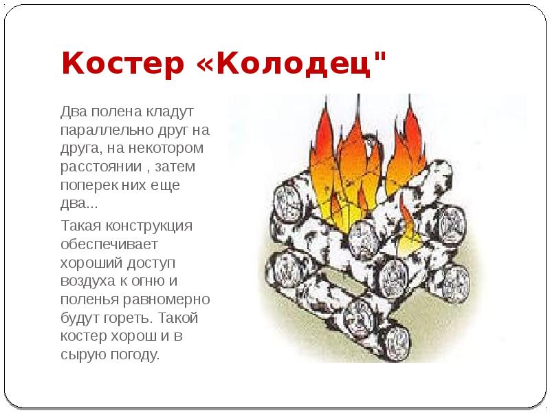 Костер «Колодец"
Два полена кладут параллельно друг на друга, на некотором Костер «Колодец"
Два полена кладут параллельно друг на друга, на некотором