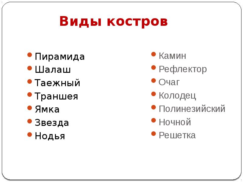 Виды костров
Пирамида
Шалаш
Таежный
Траншея
Ямка
Звезда
Виды костров
Пирамида
Шалаш
Таежный
Траншея
Ямка
Звезда