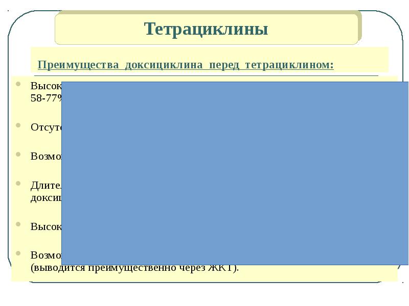 Преимущества доксициклина перед тетрациклином:
Высокая степень всасывания Преимущества доксициклина перед тетрациклином:
Высокая степень всасывания