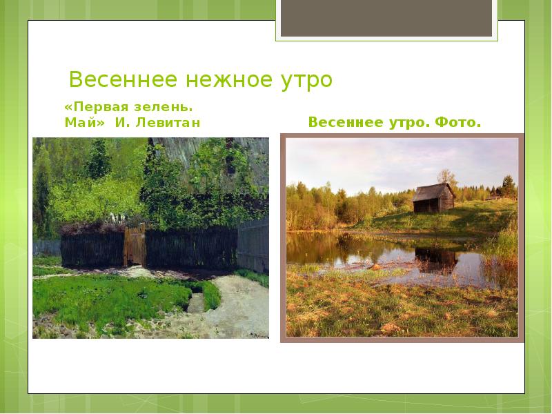 Весеннее нежное утро
«Первая зелень. Май» И. Левитан Весеннее нежное утро
«Первая зелень. Май» И. Левитан