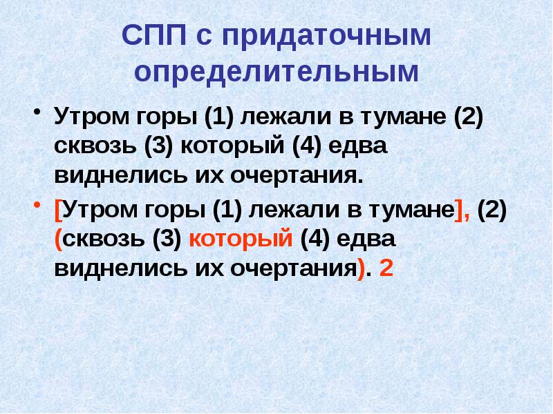 СПП с придаточным определительным
Утром горы (1) лежали в тумане (2) СПП с придаточным определительным
Утром горы (1) лежали в тумане (2)