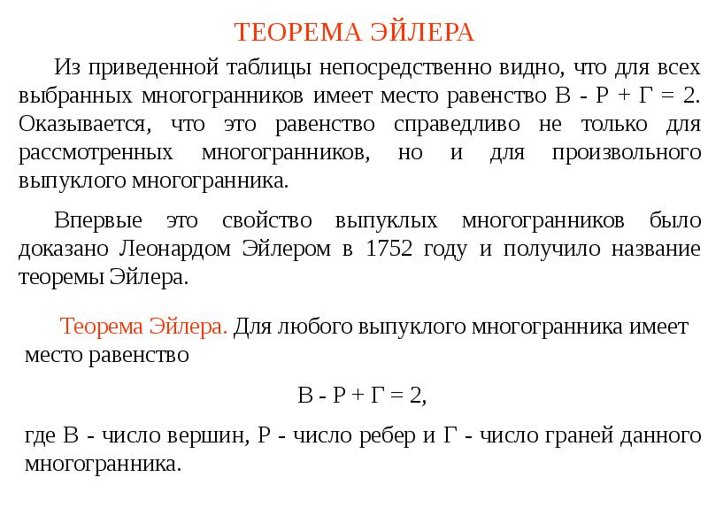 Многогранники теорема эйлера презентация