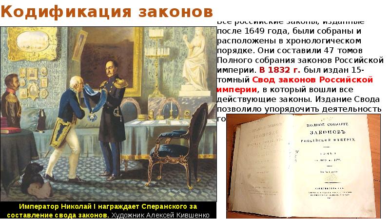 Описание картины кившенко император николай 1 награждает сперанского за составление свода законов