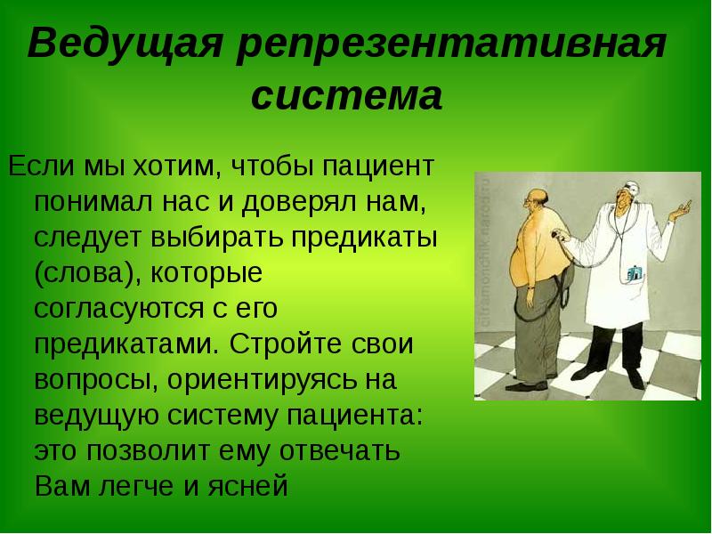 Понять пациента. Репрезентативная система пациента. Ведущая репрезентативная система общения. Репрезентативные системы больных.