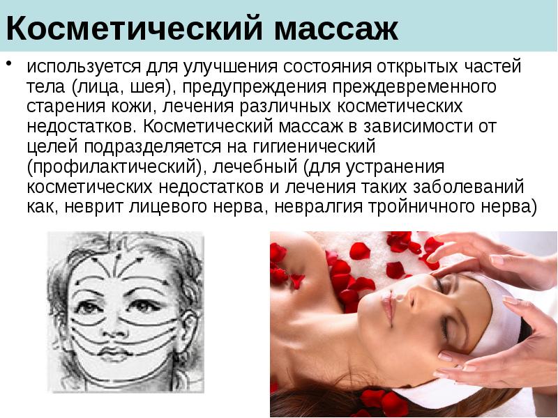 Косметический массаж
используется для улучшения состояния открытых частей тела (лица, шея), Косметический массаж
используется для улучшения состояния открытых частей тела (лица, шея),