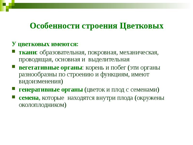 Особенности строения Цветковых У цветковых имеются: ткани: образовательная, покровная, механическая, проводящая,