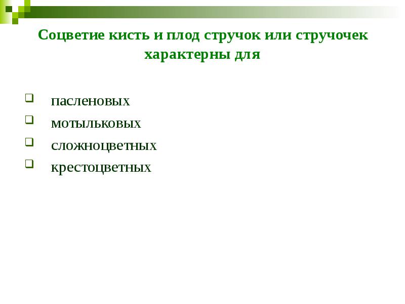 Соцветие кисть и плод стручок или стручочек характерны для  пасленовых