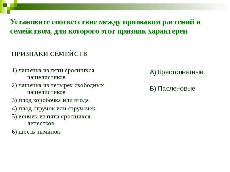 Установите соответствие между признаком растений и семейством, для которого этот признак