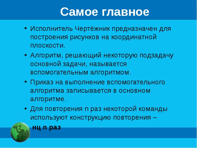 Для построения рисунков на координатной плоскости предназначен исполнитель чертежник