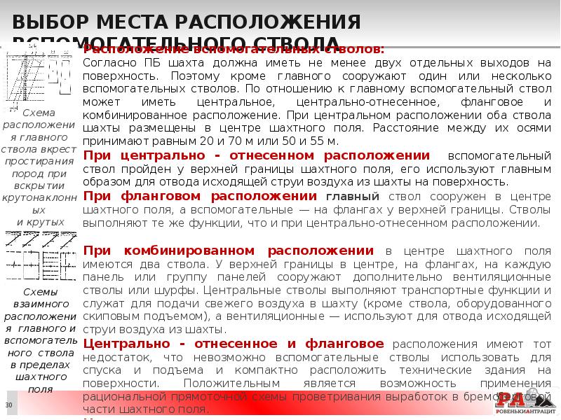 Выбор места расположения вспомогательного ствола