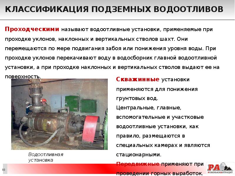 Классификация подземных водоотливов