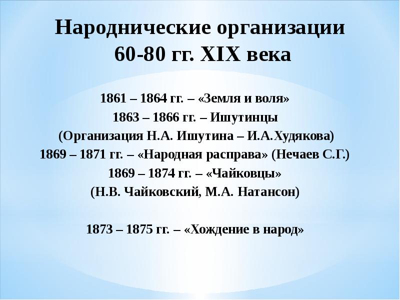 Движение дата. Земля и Воля 1861-1864. Народнические организации. Названия народнических организаций. Цели и задачи организации земля и Воля 1861.