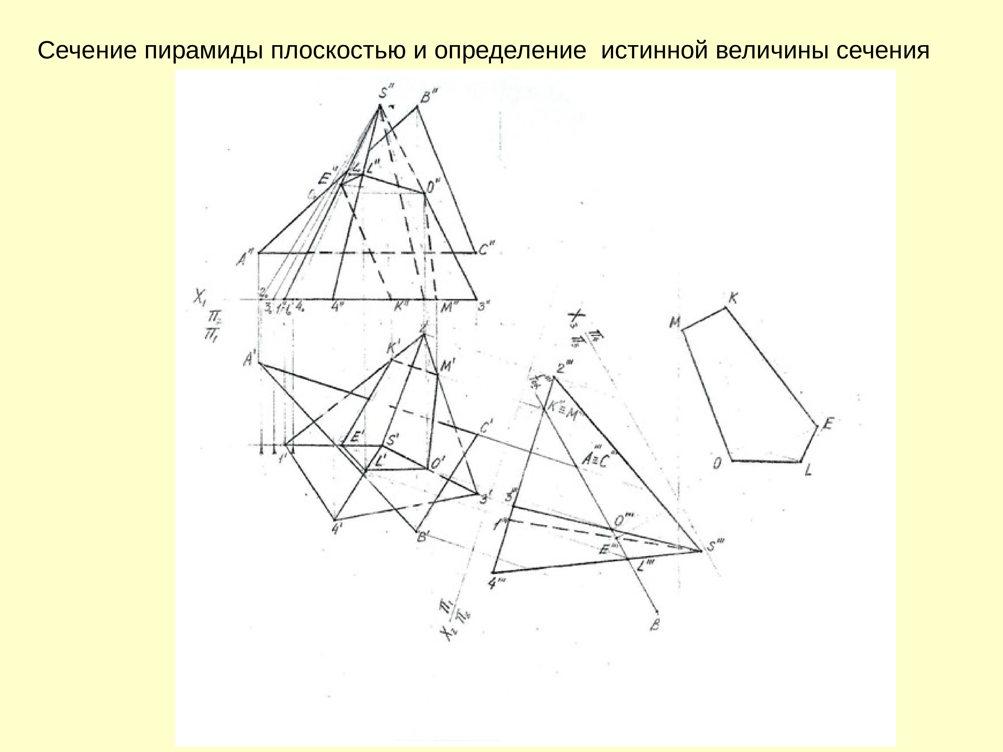 Площадь сечения пирамиды плоскостью. Истинный вид сечения пирамиды. Методы сечения пирамиды плоскостью. Методы преобразования ортогональных проекций. Сечение пирамиды плоскость методом проекций.