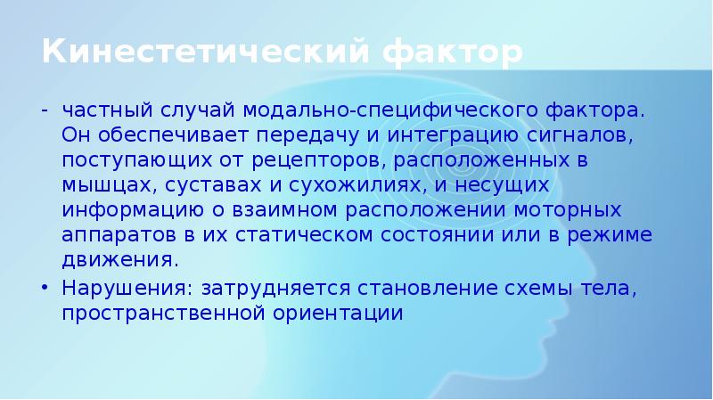 Обеспечивает передачу. Модально-специфические факторы. Кинестетический фактор. Нейропсихологические факторы кинестетический. Кинестетический фактор в нейропсихологии.