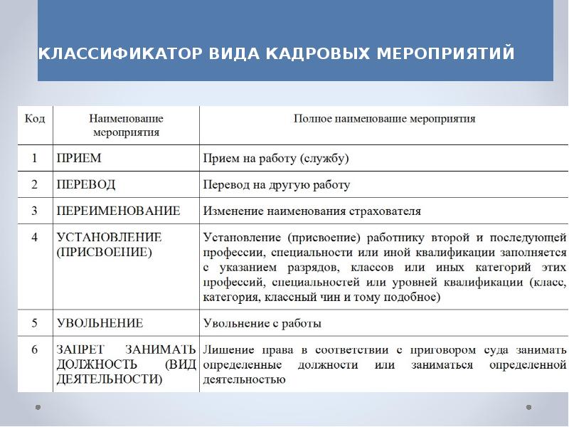 Виды классификаторов. В связи с кадровыми мероприятиями.