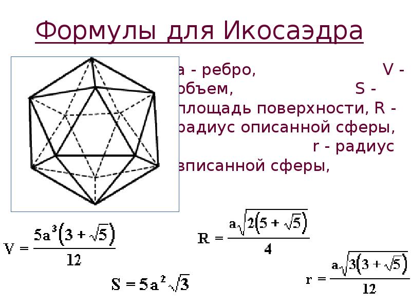 Длина ребра многогранника. Икосаэдр площадь полной поверхности формула. Площадь правильного икосаэдра формула. Площадь поверхности икосаэдра. Формула площади поверхности икосаэдра.