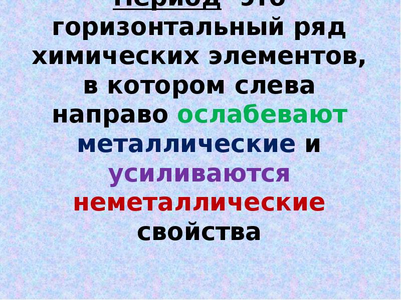Вывод №2 Период- это горизонтальный ряд химических элементов, в котором слева Вывод №2 Период- это горизонтальный ряд химических элементов, в котором слева