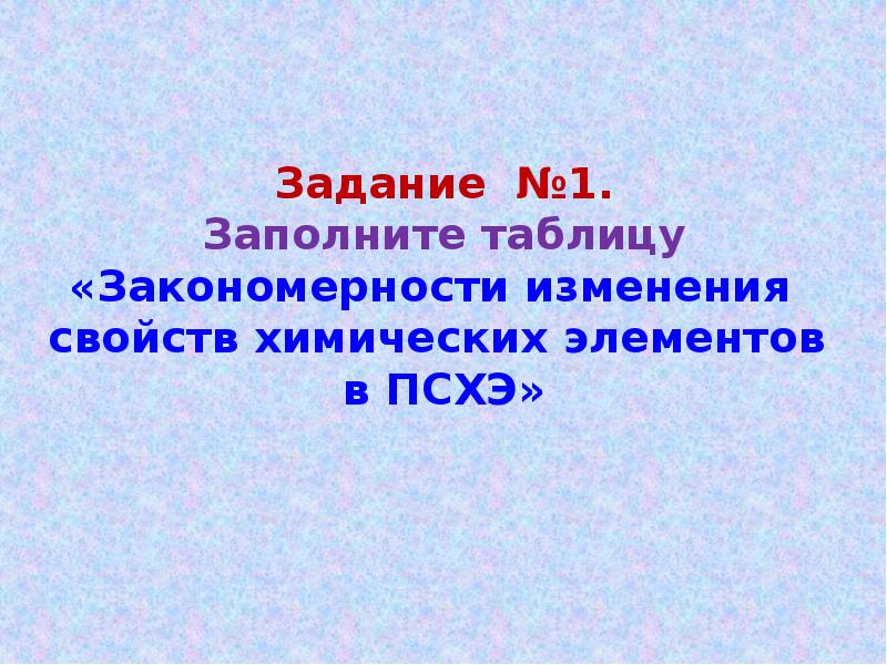 Задание №1. Заполните таблицу «Закономерности изменения свойств химических Задание №1. Заполните таблицу «Закономерности изменения свойств химических
