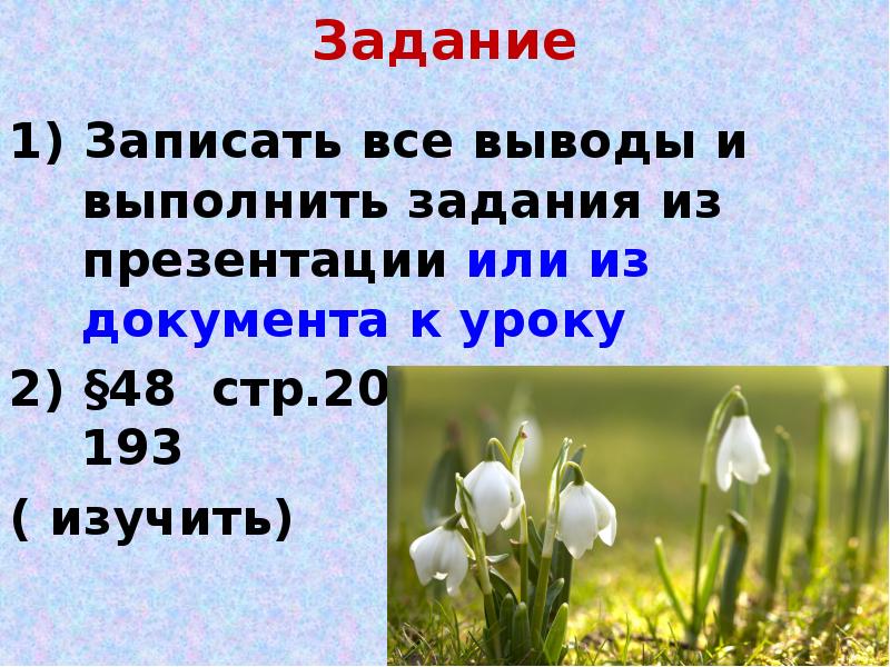 Задание
1) Записать все выводы и выполнить задания из презентации или Задание
1) Записать все выводы и выполнить задания из презентации или