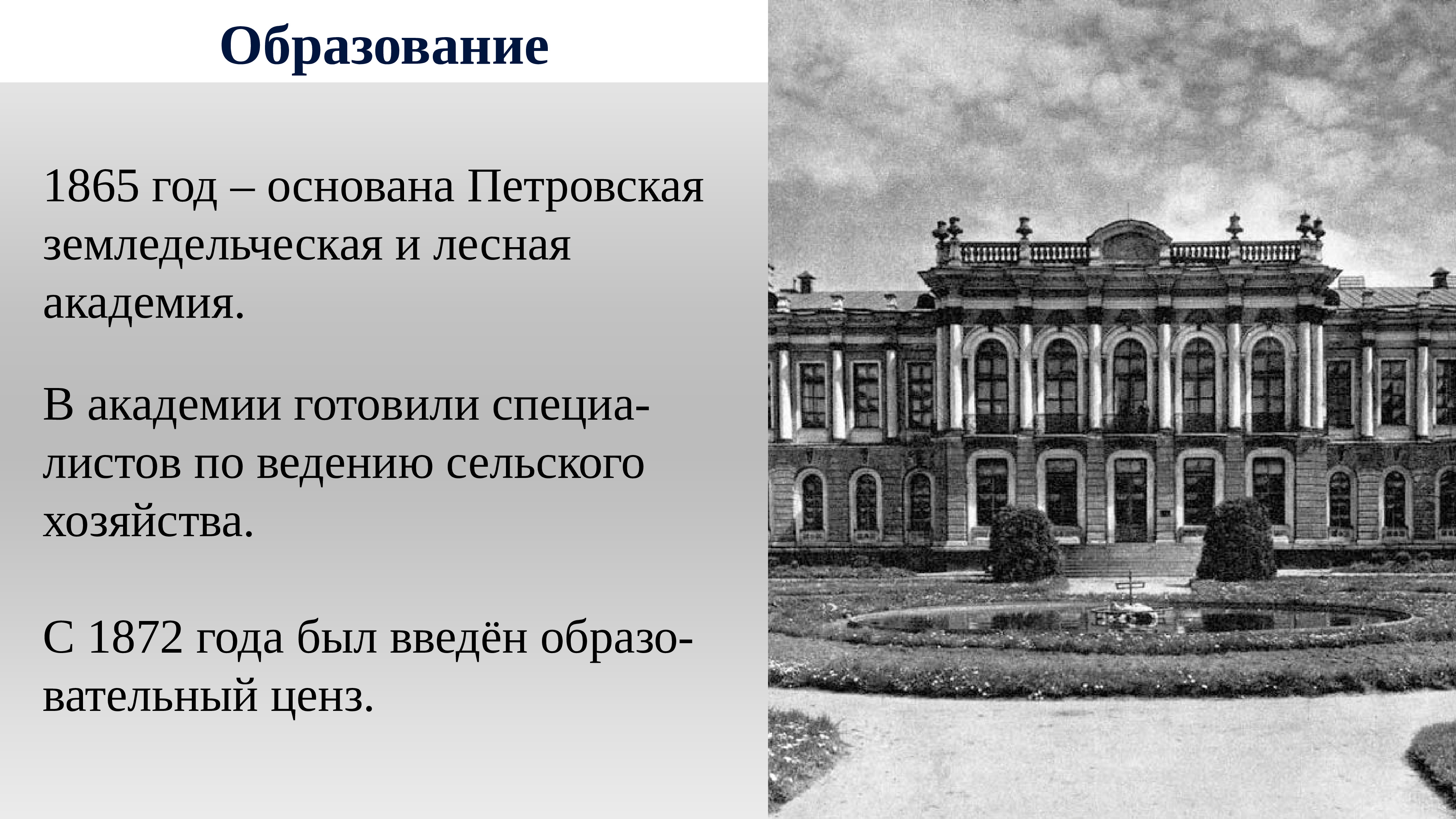 Образование 02. Петровская Земледельческая и Лесная Академия 1865. Университеты во второй половине второй половины 19 века в России. Основана Петровская Земледельческая и Лесная Академия. Наука 19 века.