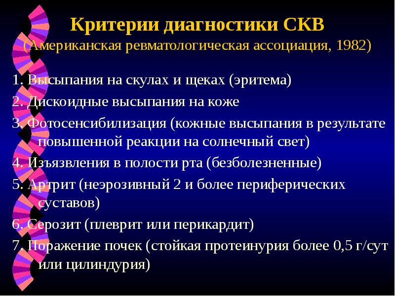 Критерии диагностики СКВ (Американская ревматологическая ассоциация, 1982)
1. Высыпания на скулах Критерии диагностики СКВ (Американская ревматологическая ассоциация, 1982)
1. Высыпания на скулах