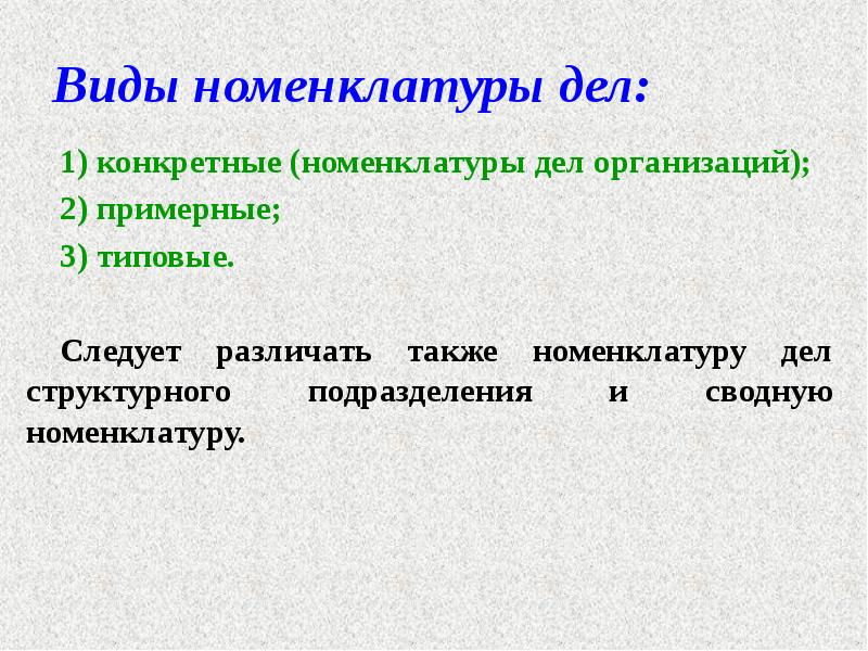 Виды номенклатуры дел:
1) конкретные (номенклатуры дел организаций);
2) примерные;
3) Виды номенклатуры дел:
1) конкретные (номенклатуры дел организаций);
2) примерные;
3)
