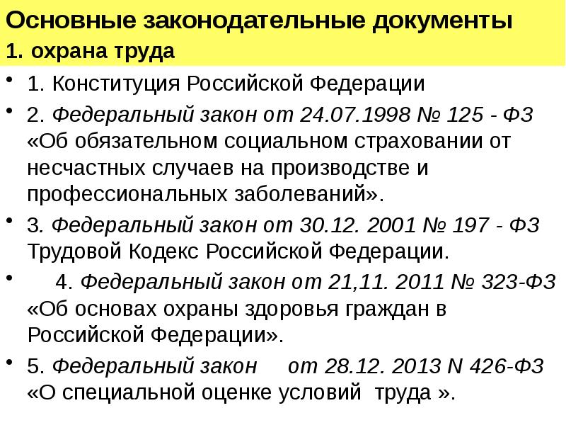 125 фз об обязательном страховании. Основные законодательные документы. Основные законодательные документы в области охраны труда. Основные законодательные документы по охране здоровья:. 125фз от 24.04.2020.