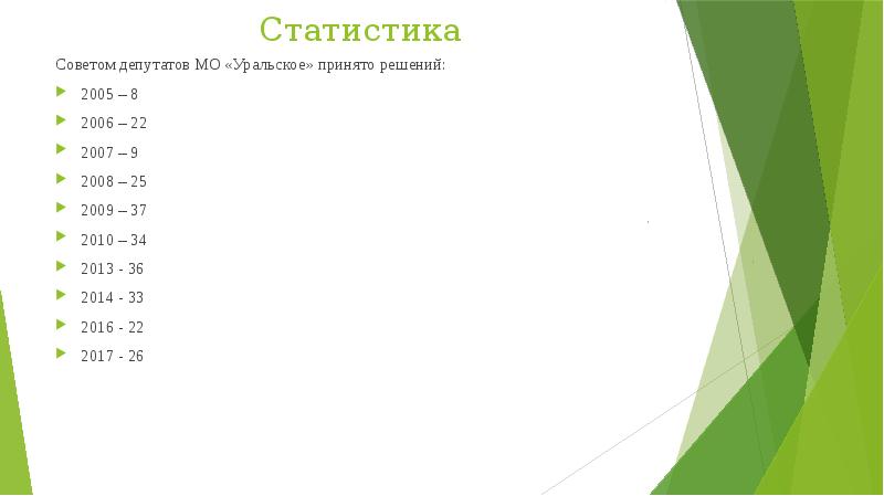 Статистика
Советом депутатов МО «Уральское» принято решений:
2005 – 8
2006 Статистика
Советом депутатов МО «Уральское» принято решений:
2005 – 8
2006