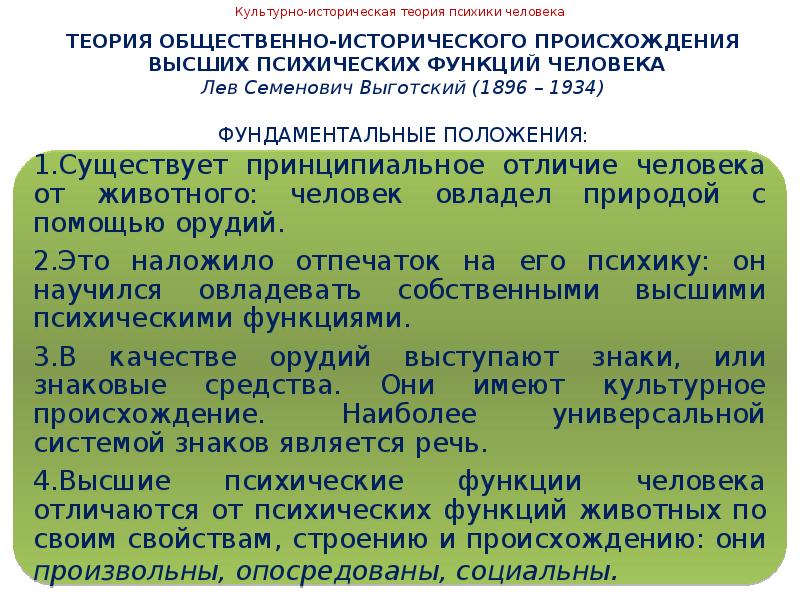 Культурно историческая теория психики была разработана. Общественно-историческая природа психики человека. Признаки, характеризующие высшие психические функции. Генез высших психических функций. Фундаментальные положения природы.