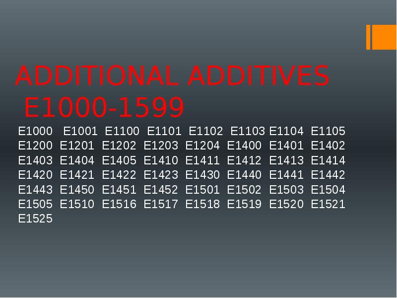 ADDITIONAL ADDITIVES E1000-1599
E1000 E1001 E1100 E1101 E1102 E1103 ADDITIONAL ADDITIVES E1000-1599
E1000 E1001 E1100 E1101 E1102 E1103