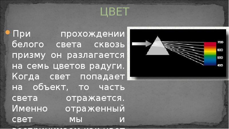 ЦВЕТ
При прохождении белого света сквозь призму он разлагается на семь ЦВЕТ
При прохождении белого света сквозь призму он разлагается на семь
